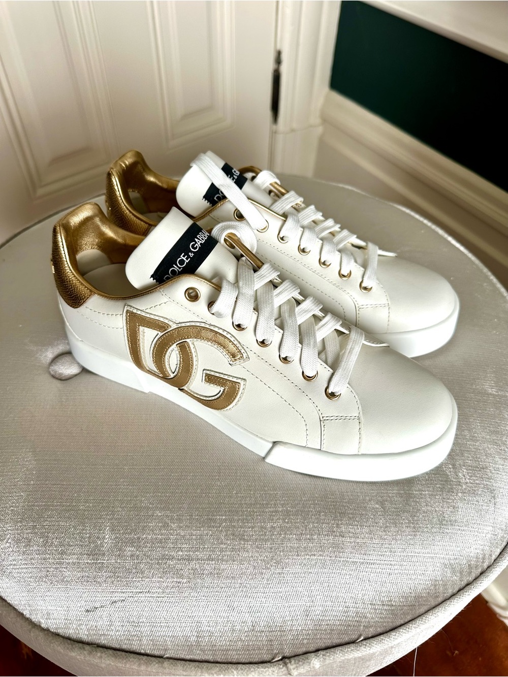 Dolce & Gabbana White Sneakers with Gold Logo